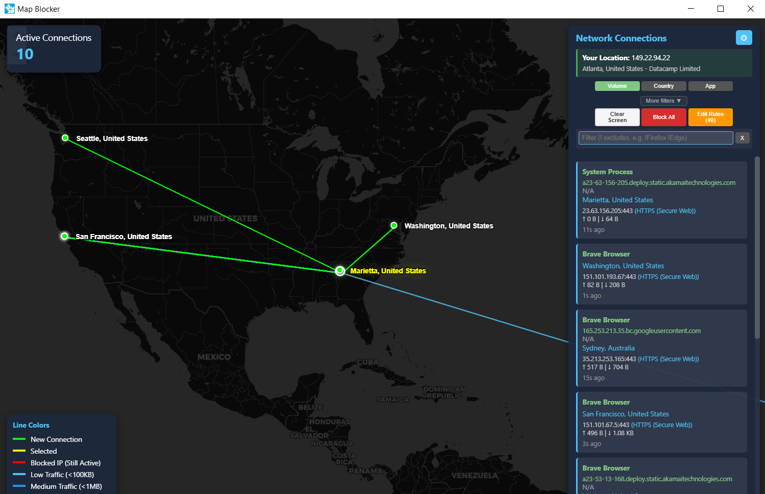 Map Blocker's world map with live connections drawn from this PC, beside the list of connections by program